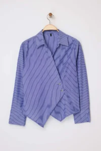 Trendyol Curve Navy Blue Striped Silver Button Detailed Plus Size Weaving Shirt - Image 5