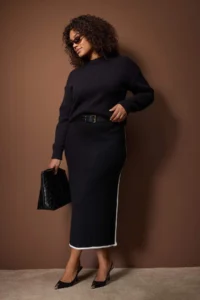 Trendyol Curve Black Stripe Detailed Midi Size Knitwear Skirt