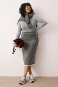 Trendyol Curve Anthracite Stripe Detailed Midi Size Knitwear Skirt