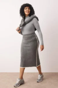 Trendyol Curve Anthracite Stripe Detailed Midi Size Knitwear Skirt - Image 2
