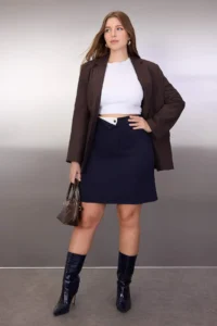 Trendyol Curve Navy Blue Contrast Belt Detailed Mini Weaving Plus Size Skirt