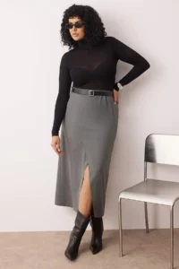 Trendyol Curve Anthracite Belt and Slit Detailed Maxi Weaving Plus Size Skirt