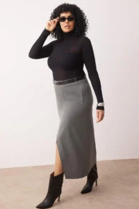 Trendyol Curve Anthracite Belt and Slit Detailed Maxi Weaving Plus Size Skirt - Image 2