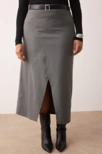 Trendyol Curve Anthracite Belt and Slit Detailed Maxi Weaving Plus Size Skirt - Image 3