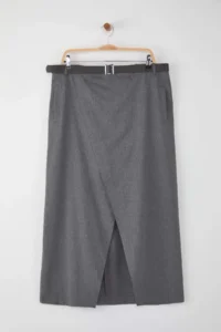 Trendyol Curve Anthracite Belt and Slit Detailed Maxi Weaving Plus Size Skirt - Image 5