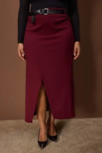 Trendyol Curve Plum Belt and Slit Detailed Maxi Weaving Plus Size Skirt - Image 3