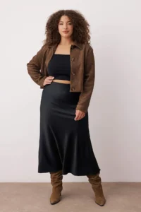 Trendyol Curve Black Midi Size Satin Weaving Plus Size Skirt