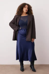 Trendyol Curve Navy Blue Midi Size Satin Weaving Plus Size Skirt