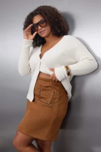 Trendyol Curve Brown with pocket Suede Weaving Plus Size Skirt - Image 2