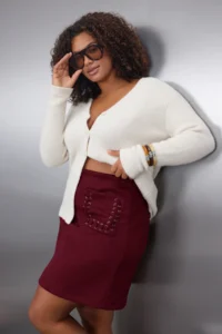 Trendyol Curve Burgundy with pocket Suede Weaving Plus Size Skirt - Image 2