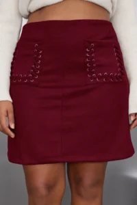Trendyol Curve Burgundy with pocket Suede Weaving Plus Size Skirt - Image 3