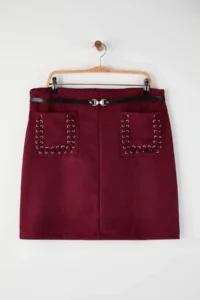 Trendyol Curve Burgundy with pocket Suede Weaving Plus Size Skirt - Image 5