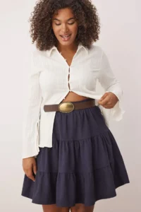 Trendyol Curve Navy Blue Winter Ribbed Velvet Short Weaving Plus Size Skirt - Image 2