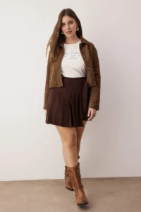 Trendyol Curve Brown Pilili Arched Weaving Plus Size Shorts Skirt - Image 2