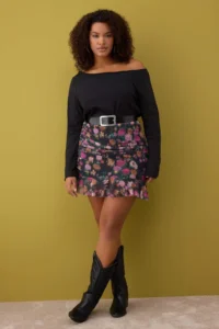 Trendyol Curve Black flower patterned Mini Tulle Knitting Plus Size Skirt