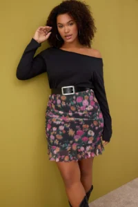 Trendyol Curve Black flower patterned Mini Tulle Knitting Plus Size Skirt - Image 2