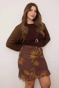 Trendyol Curve Brown Patterned Mini Tulle Knitting Plus Size Skirt - Image 2