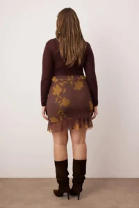 Trendyol Curve Brown Patterned Mini Tulle Knitting Plus Size Skirt - Image 4