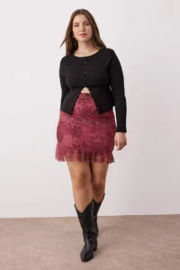 Trendyol Curve Burgundy Floral Mini Knitting Plus Size Skirt