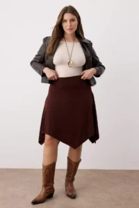 Trendyol Curve Brown Elastic Waist Skirt Tip Asymmetric Midi Knitting Plus Size Skirt - Image 2