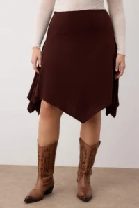 Trendyol Curve Brown Elastic Waist Skirt Tip Asymmetric Midi Knitting Plus Size Skirt - Image 3