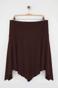 Trendyol Curve Brown Elastic Waist Skirt Tip Asymmetric Midi Knitting Plus Size Skirt - Image 6