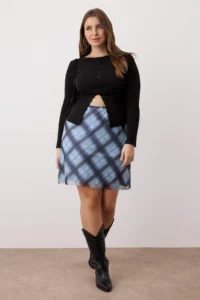 Trendyol Curve Mavi Teen Plaid Patterned Knitting Plus Size Skirt