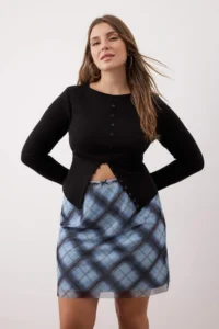 Trendyol Curve Mavi Teen Plaid Patterned Knitting Plus Size Skirt - Image 2
