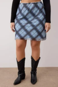 Trendyol Curve Mavi Teen Plaid Patterned Knitting Plus Size Skirt - Image 3