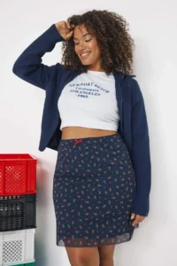 Trendyol Curve Navy Blue Teen flower patterned Knitting Plus Size Skirt