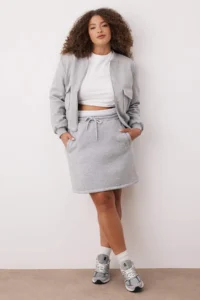 Trendyol Curve Gray Melange Waist Poplin Detailed Knitting Mini Plus Size Skirt