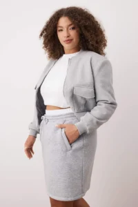 Trendyol Curve Gray Melange Waist Poplin Detailed Knitting Mini Plus Size Skirt - Image 2