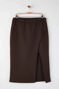 Trendyol Curve Brown Slit Detailed Knitting Flexible Material Plus Size Midi Skirt - Image 5