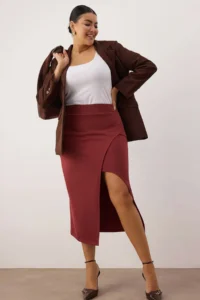 Trendyol Curve Burgundy Slit Detailed Knitting Flexible Material Plus Size Midi Skirt