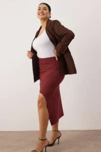 Trendyol Curve Burgundy Slit Detailed Knitting Flexible Material Plus Size Midi Skirt - Image 2