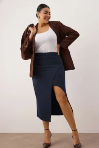 Trendyol Curve Navy Blue Slit Detailed Knitting Flexible Material Plus Size Midi Skirt