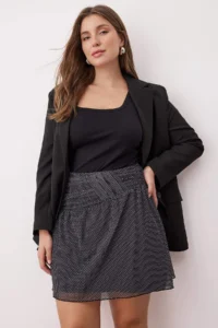 Trendyol Curve Black Puantiye Patterned Beli Shirred Mini Tulle Knitting Plus Size Skirt - Image 2