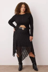 Trendyol Curve Black Lace Asymmetric Mendil Form Midi Knitting Plus Size Skirt