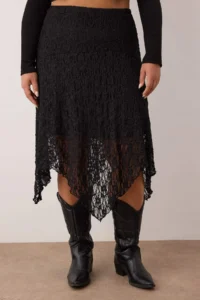 Trendyol Curve Black Lace Asymmetric Mendil Form Midi Knitting Plus Size Skirt - Image 3