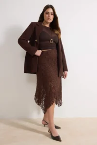 Trendyol Curve Brown Lace Asymmetric Mendil Form Midi Knitting Plus Size Skirt - Image 2