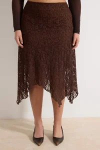 Trendyol Curve Brown Lace Asymmetric Mendil Form Midi Knitting Plus Size Skirt - Image 3
