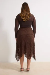 Trendyol Curve Brown Lace Asymmetric Mendil Form Midi Knitting Plus Size Skirt - Image 4