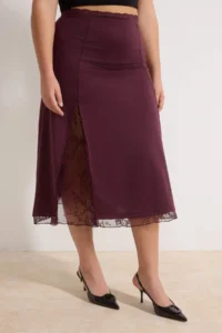 Trendyol Curve Plum Lace Slit Detailed Midi Knitting Plus Size Skirt - Image 3