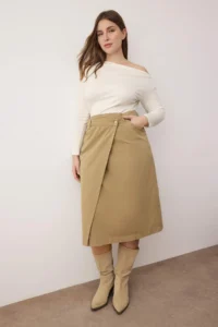 Trendyol Curve Khaki Cross Cover Denim Plus Size Skirt - Image 2
