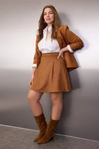 Trendyol Curve Brown Suede pleated Mini Weaving Plus Size Skirt