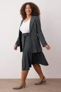 Trendyol Curve Anthracite Belt Detailed Striped Midi Weaving Plus Size Skirt - Image 2