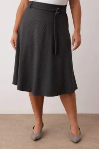 Trendyol Curve Anthracite Belt Detailed Striped Midi Weaving Plus Size Skirt - Image 3