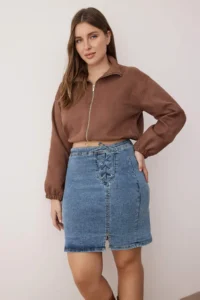Trendyol Curve Mavi Yüksel Waist Lace Detailed slit denim Plus Size Skirt - Image 2