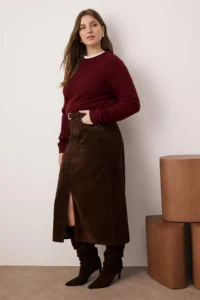 Trendyol Curve Brown slit Suede Look Plus Size Denim Skirt - Image 2