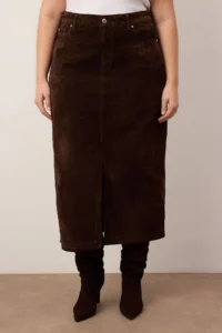 Trendyol Curve Brown slit Suede Look Plus Size Denim Skirt - Image 3